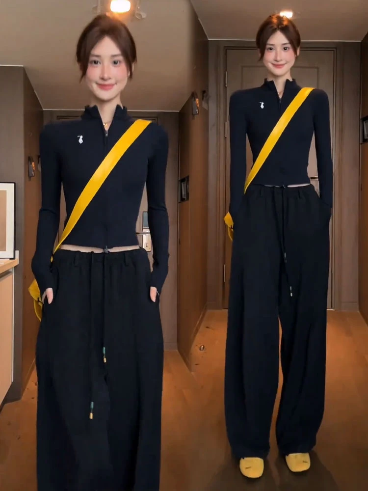 时尚休闲套装女2025秋季新款时髦洋气拉链立领上衣阔腿裤两件套潮