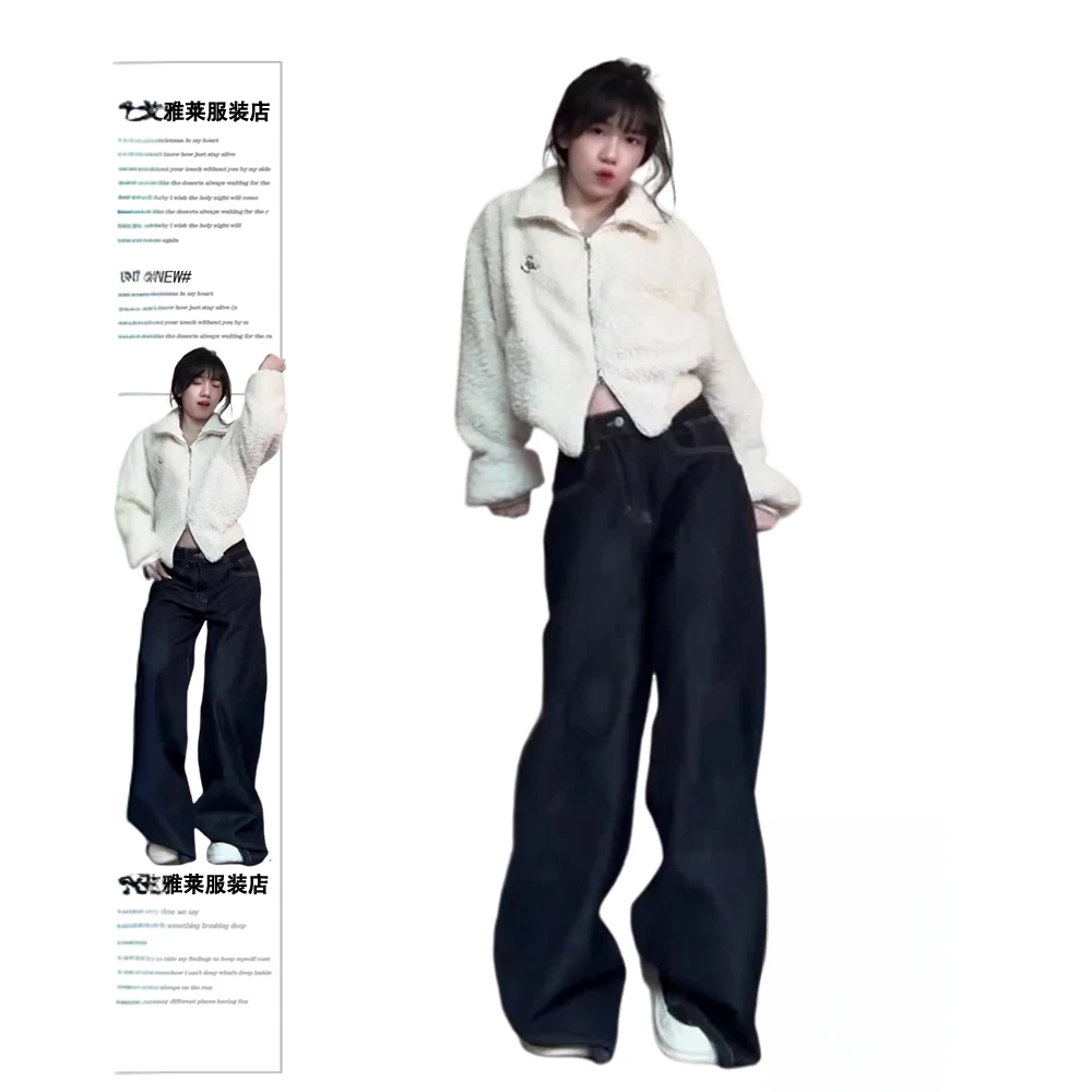 美式复古深蓝色阔腿牛仔裤女2025春季新款宽松显瘦垂感拖地直筒裤