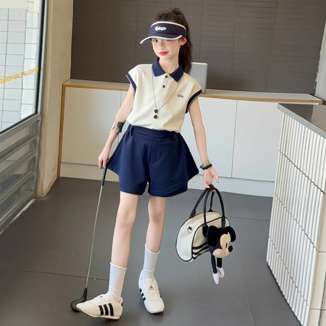 女童夏季POLO衫短裤套装2025新款韩系童装时尚休闲洋气裤裙两件套