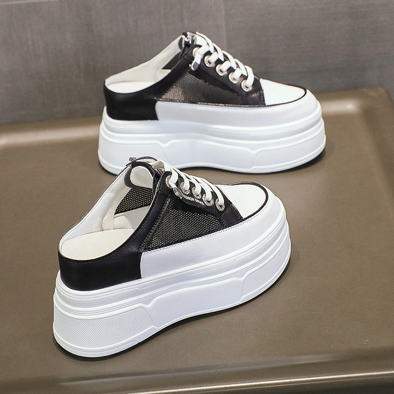 网红内增高8cm包头拖网面镂空半拖凉拖鞋女休闲一脚蹬厚底小白鞋