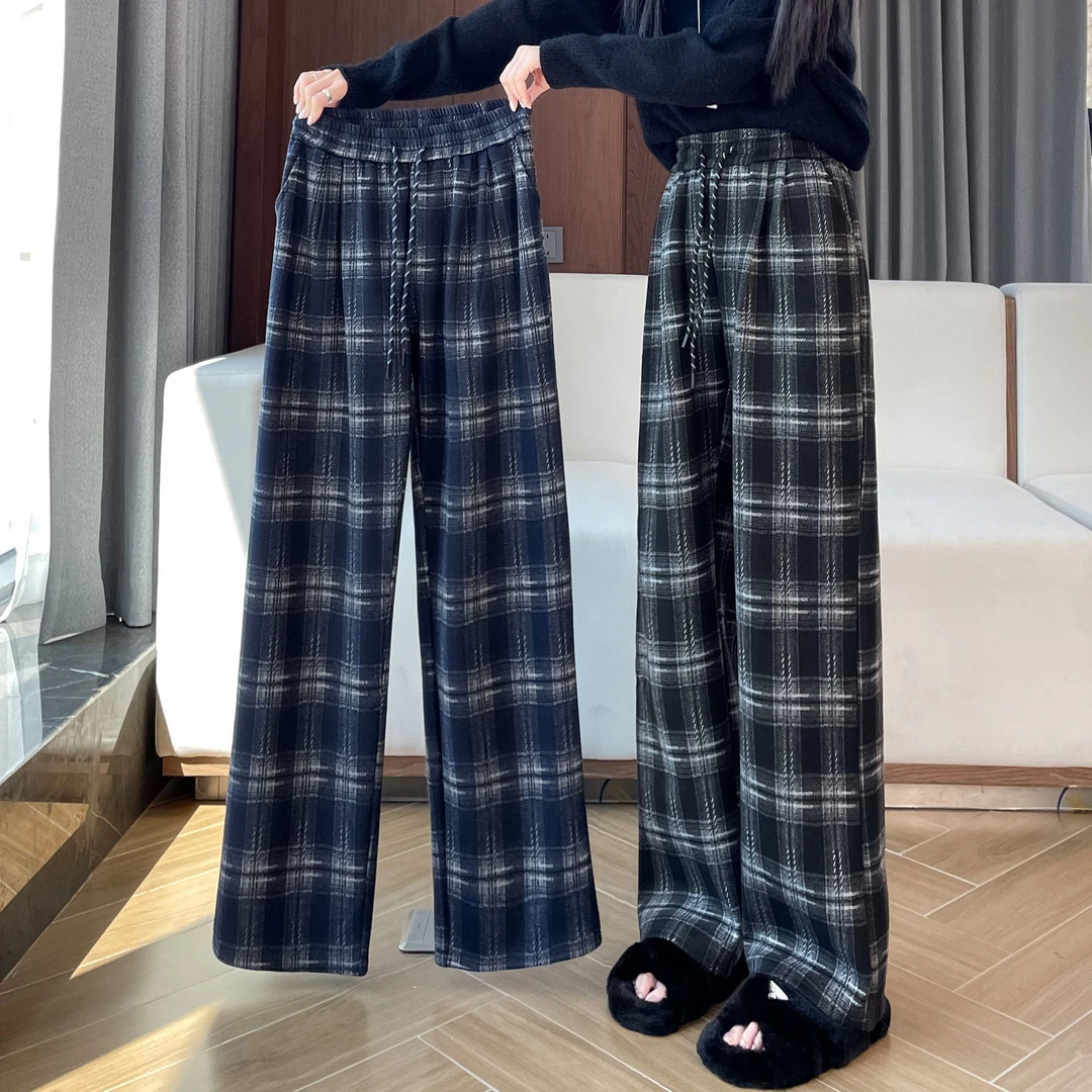 格子阔腿裤女秋冬季加绒加厚2025新款高腰休闲垂坠感小个子直筒裤