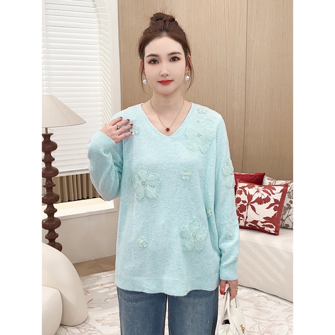 【温柔风韩系针织衫】MsShe大码女装2025春花朵钉珠宽松S~E2501012