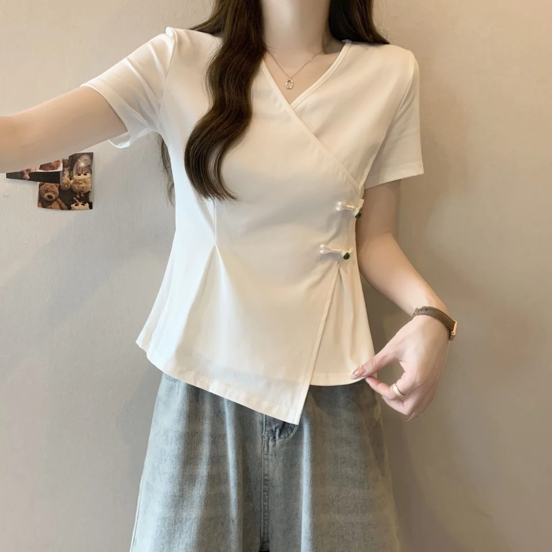 大码中式不规则盘扣短袖t恤女夏季2025新款胖mm修身显瘦遮肉上衣