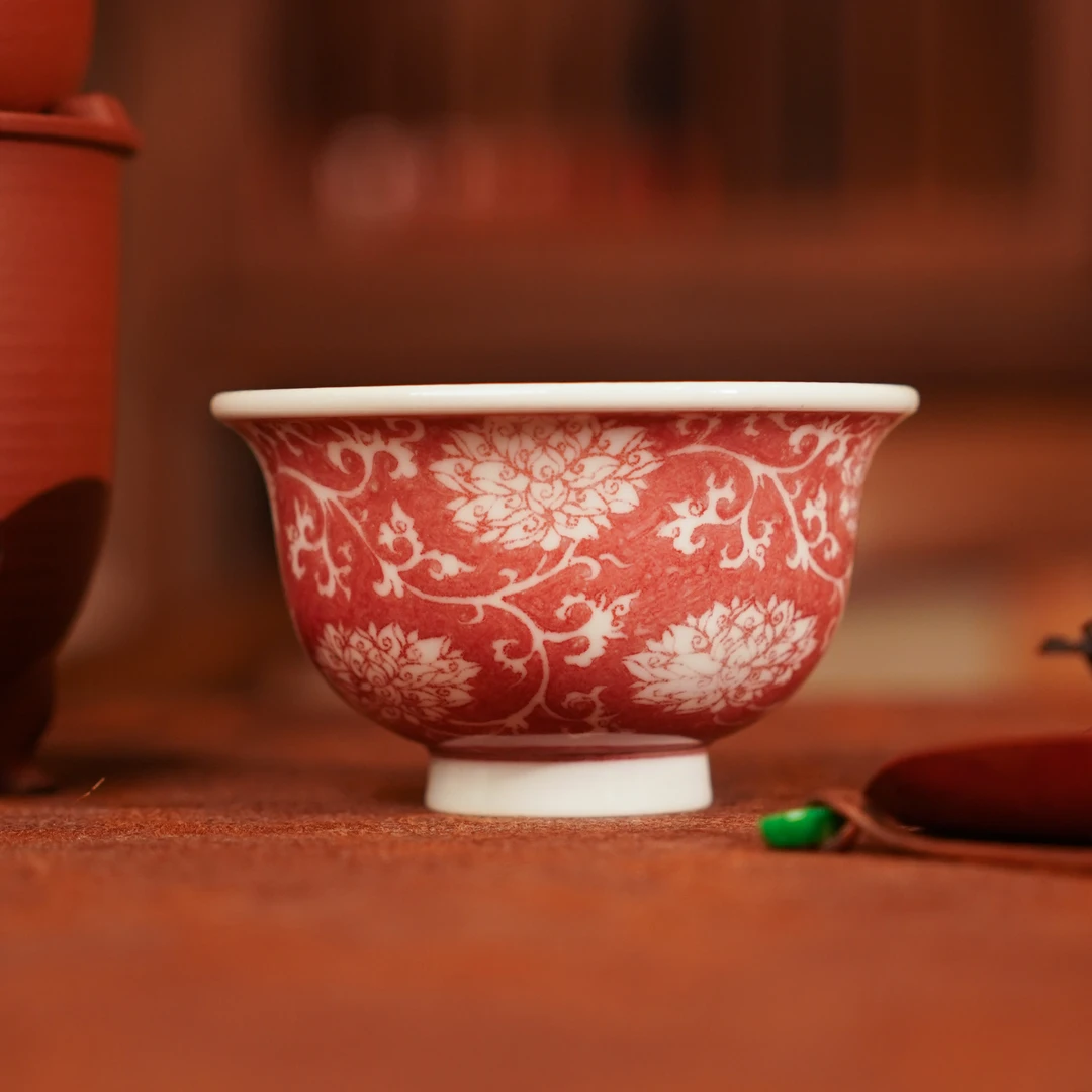 正德御窑亦然堂全红莲花压手杯茶具中式茶道纯手工陶瓷饮茶主人杯