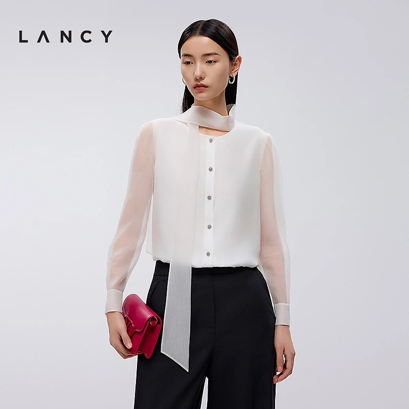 LANCY/朗姿2025春新款法式气质飘带设计感衬衫长袖圆领通勤上衣女
