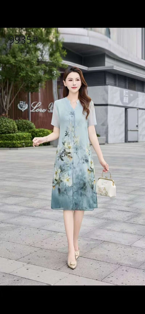 气质妈妈装中长款印花短袖夏季连衣裙中年女装长裙子