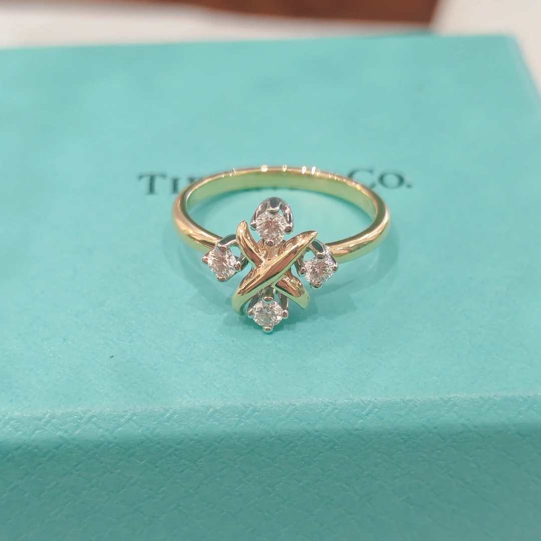 99新 Tiffany & Co./蒂芙尼 四钻戒指/K黄/PT950/#52   xiao9