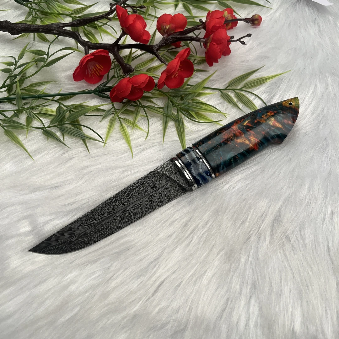 【轻奢刀坊】飞羽 羽毛纹锻造大马士革收藏把玩小刀