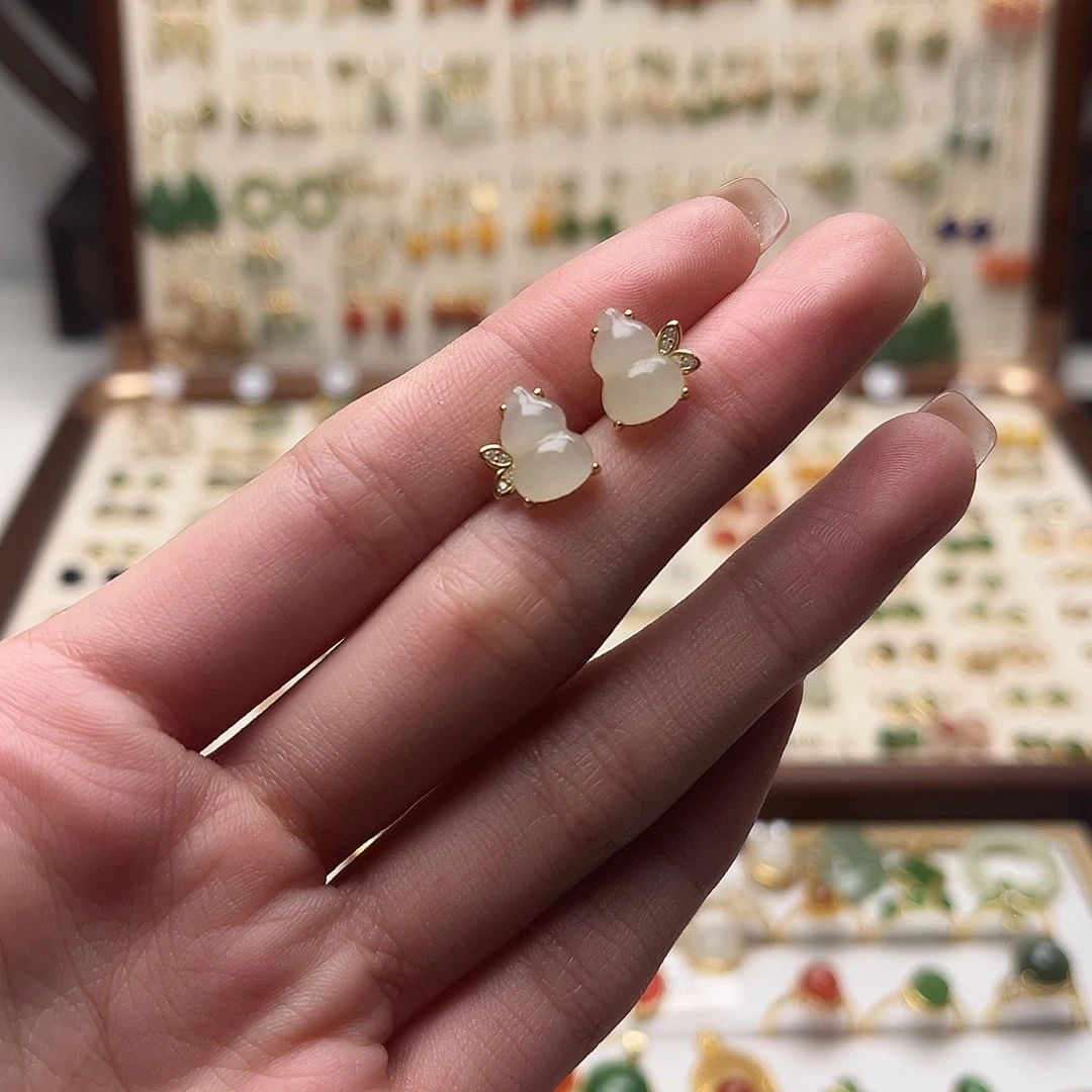 和田玉银S925镀金镶嵌耳饰