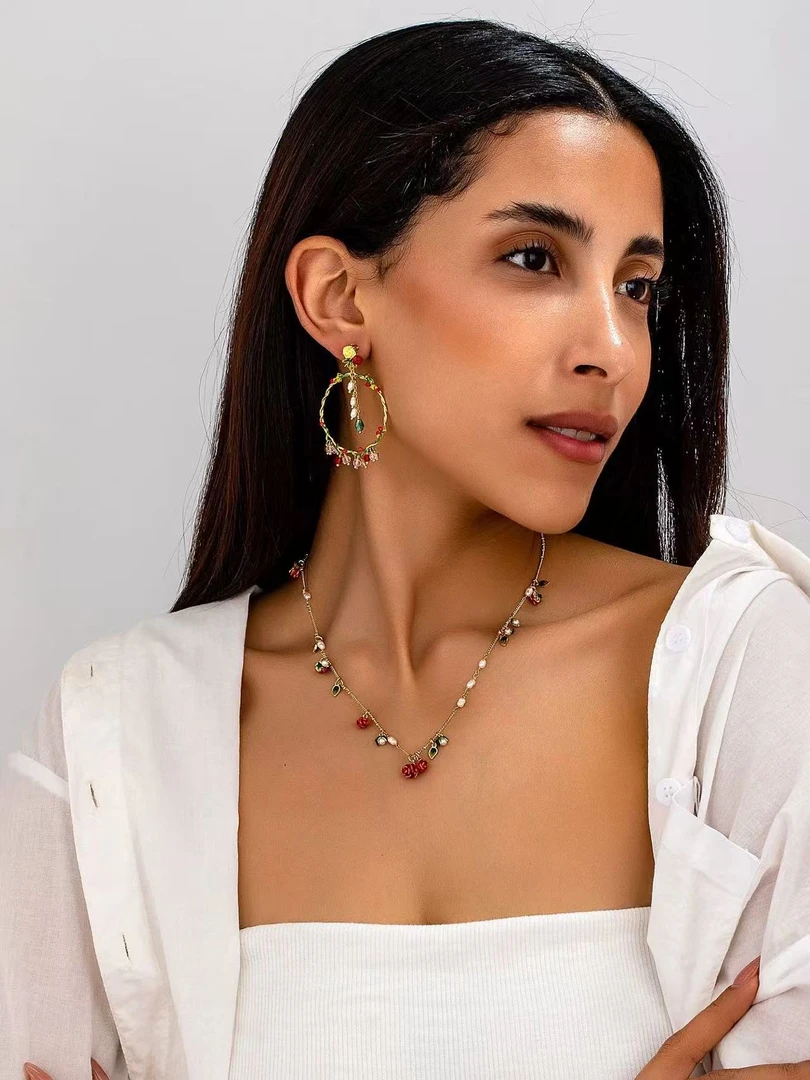 铜合金项链 已改【法国Les原单】法式浪漫玫瑰手工珐琅项链N051