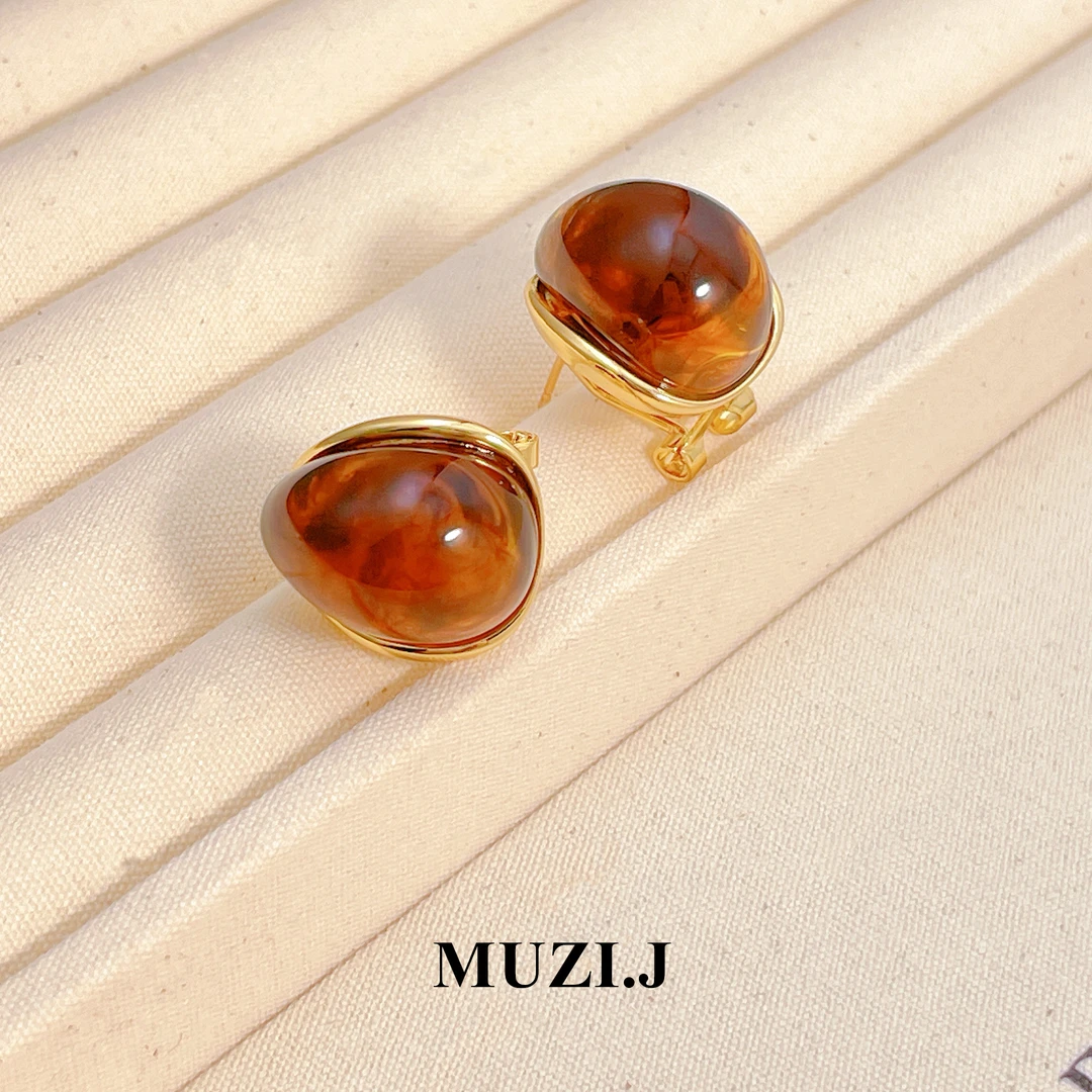 铜合金树脂耳饰 【美拉德水滴耳扣】轻奢简约小众气质时尚个性-A60