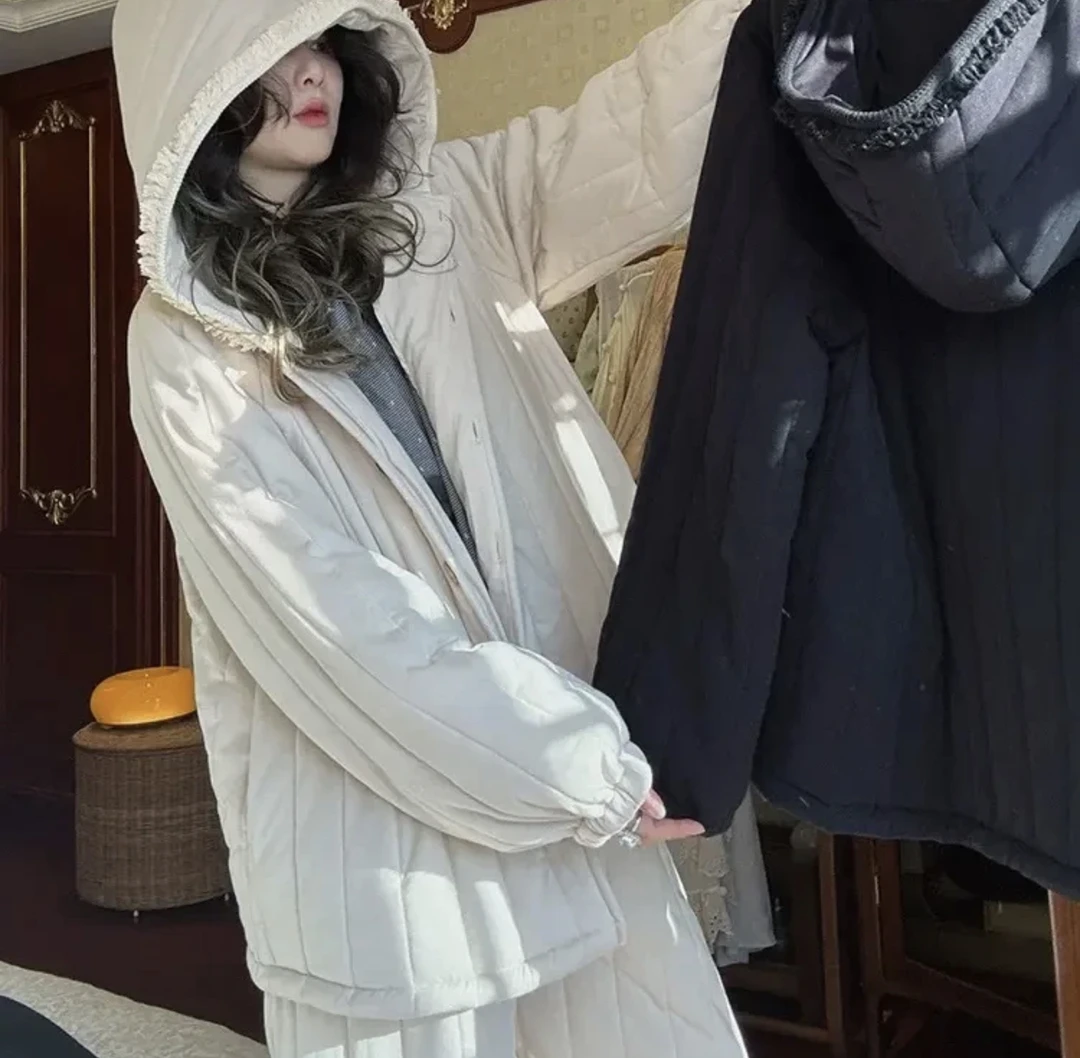 【视频同款】族玛士米色连帽加厚加绒家居服保暖套装棉服秋冬冬季