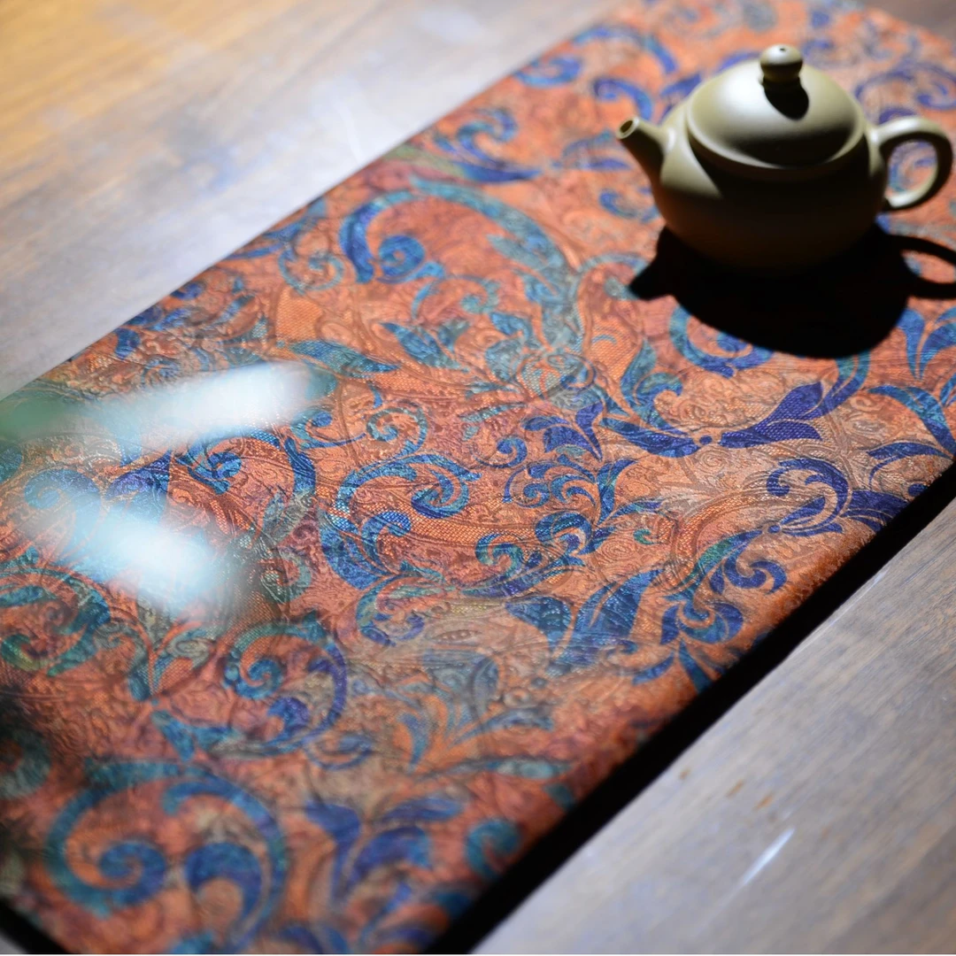 《金橙卷草》50*24香云纱双面可用精致感茶席茶垫东方复古美学