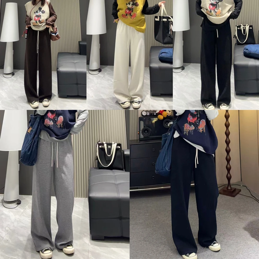 （老三）韩版高腰净版直筒裤系绳秋季慵懒风休闲裤百搭休闲复古宽松