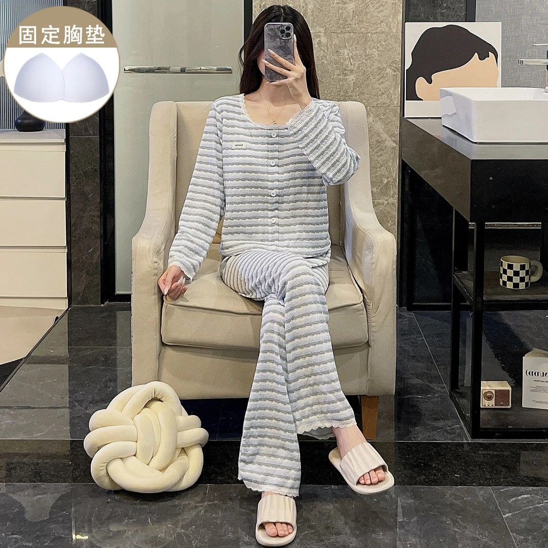 高级感蓝色条纹睡衣女带胸垫秋冬季新款韩系风舒适学生家居服套装
