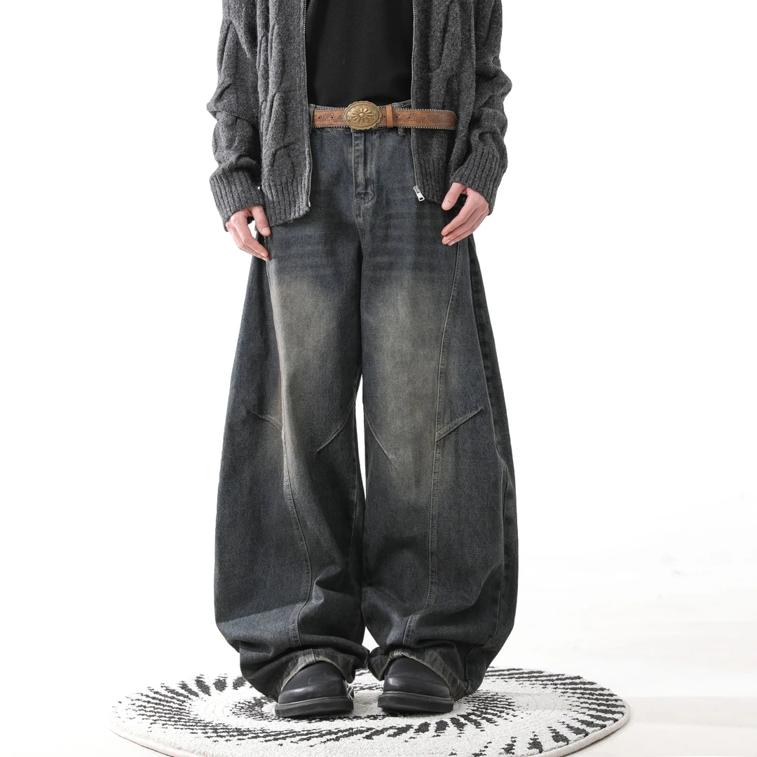jaaniste新品工装直筒牛仔裤男休闲复古水洗做旧阔腿裤男女同款