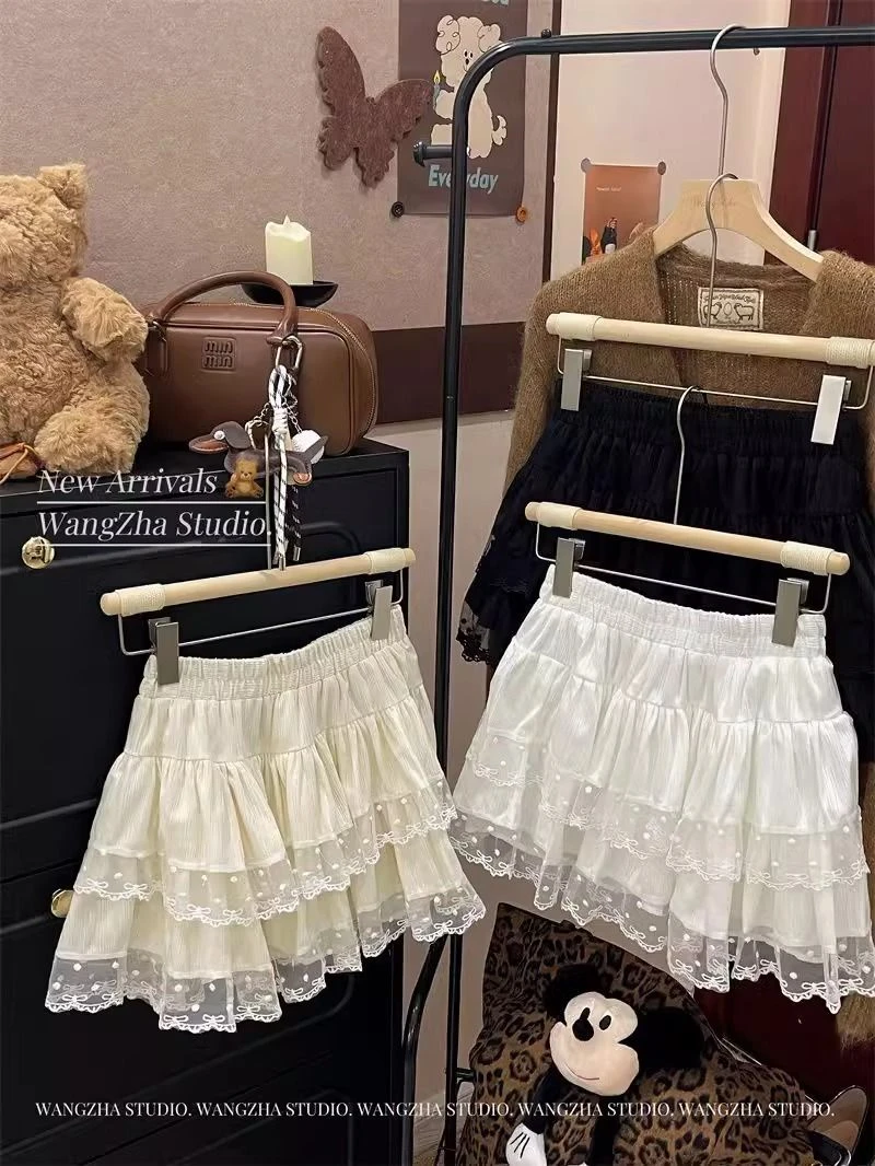 白色蕾丝花边小个子高腰A字蓬蓬蛋糕裙女春秋百搭显瘦花边短裙子
