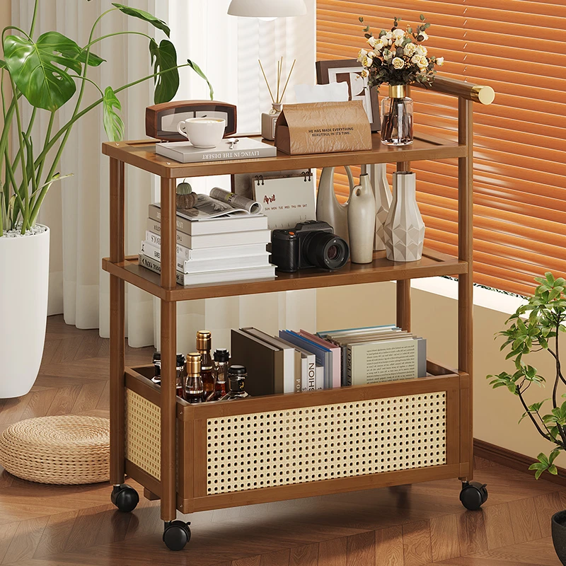 置物架零食小推车落地置物架客厅卧室茶杯茶具移动储物架楠竹推车