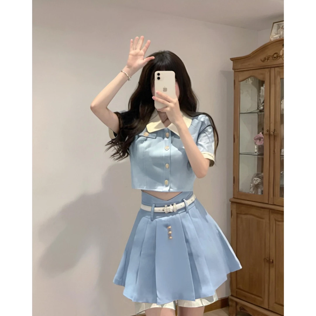 两件套甜酷小香风蓝色套装女夏季学院风短款上衣百褶半身裙1596