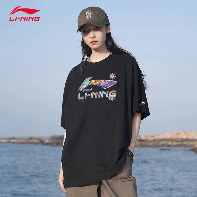 李宁短袖T恤男2025夏季新款圆领运动体恤宽松潮流棉白半袖上衣女