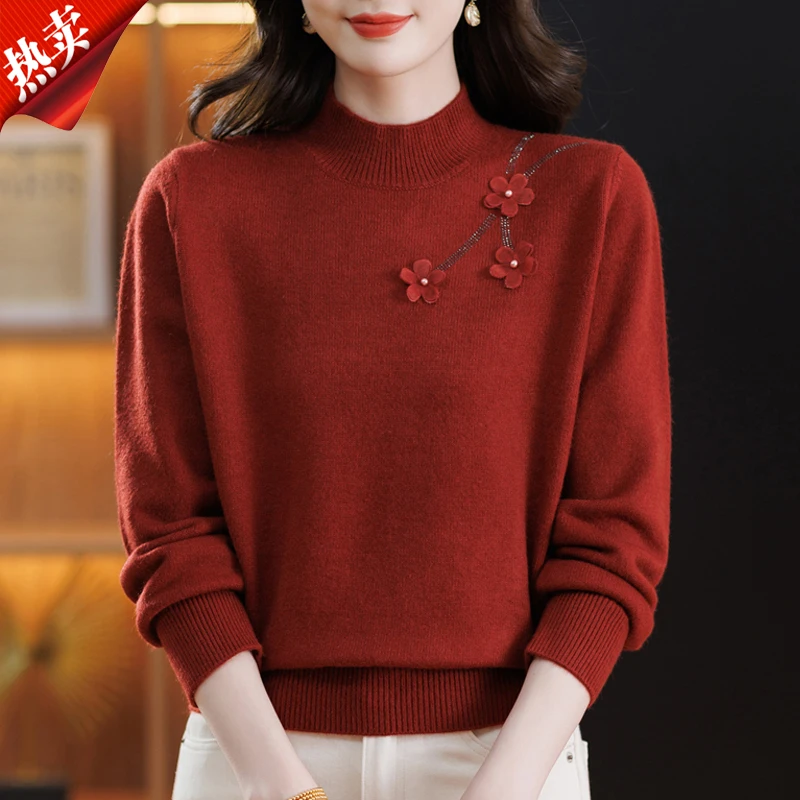 【原版正品】羊毛衫女2025新款中年妈妈半高领毛衣内搭上衣