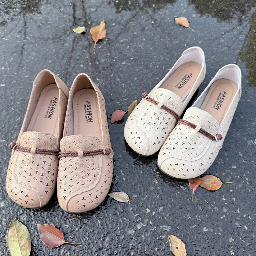 妈妈鞋舒适中老年时尚透气包头浅口平底牛筋底洞洞鞋镂空单鞋