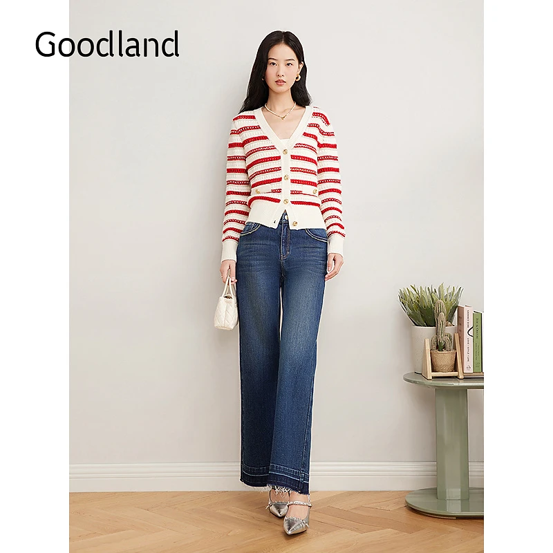 Goodland美地2025春季新款法式V领闪丝羊毛撞色条纹针织开衫