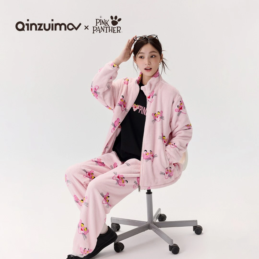 亲嘴猫【粉红豹】法兰绒立领睡衣女秋冬季加厚保暖家居服套装可外穿