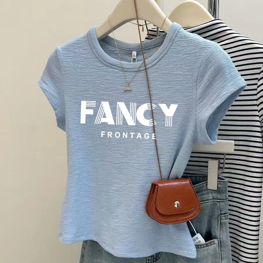 韩系圆领肌理感正肩短袖女夏季修身显瘦百搭短款上衣纯色T恤卡通