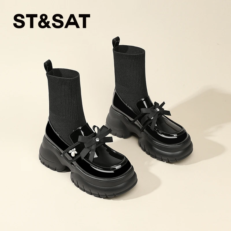星期六短靴袜靴弹力靴2025秋季新款时尚英伦风显瘦松糕底乐福女靴