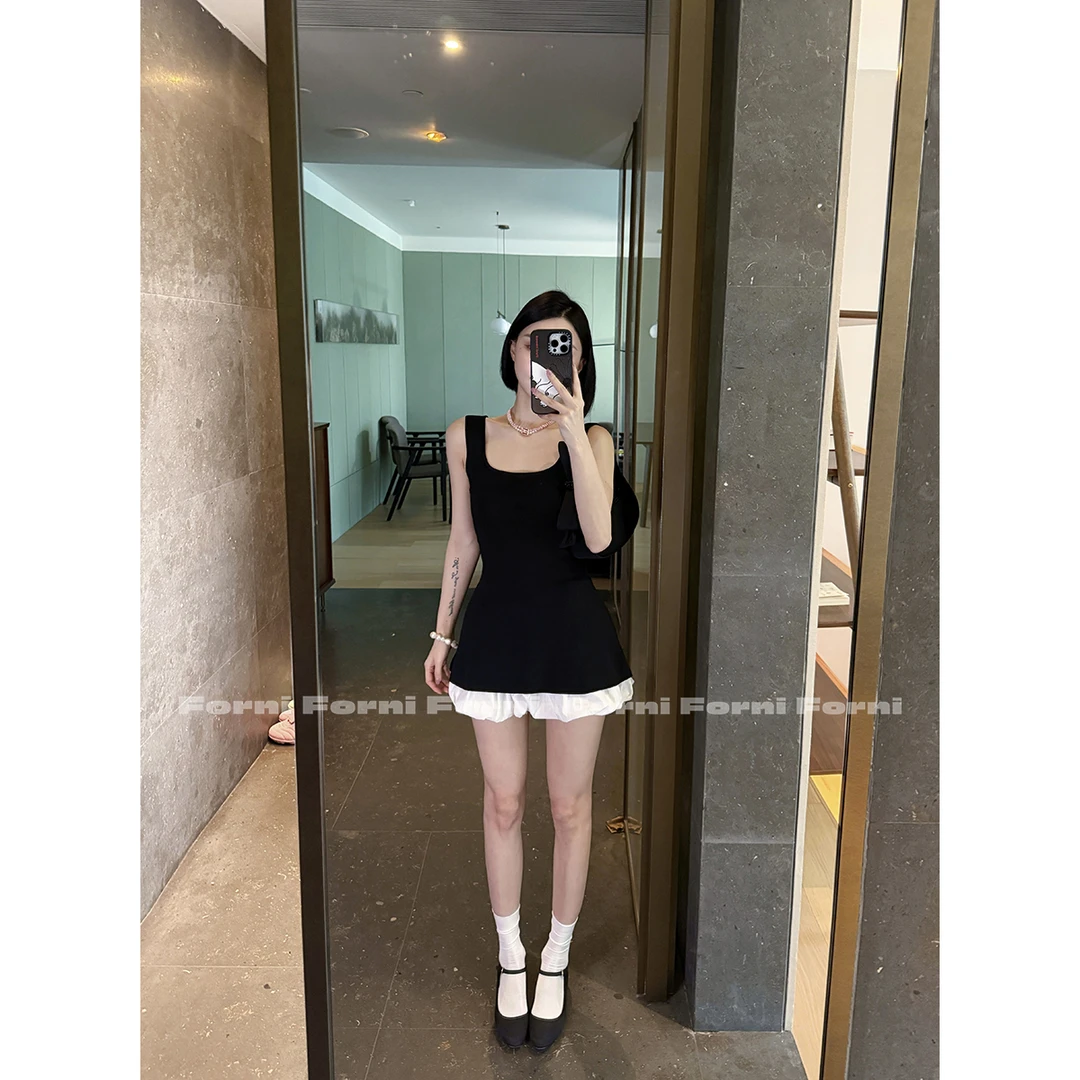 FORNI 八音盒娃娃 法式方领收腰针织吊带上衣云朵花苞裙套装