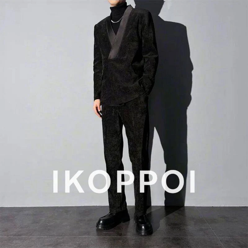 IKOPPOI莱德的搭配丝光绒西服套装秋季休闲V领西服长裤帅气两件套