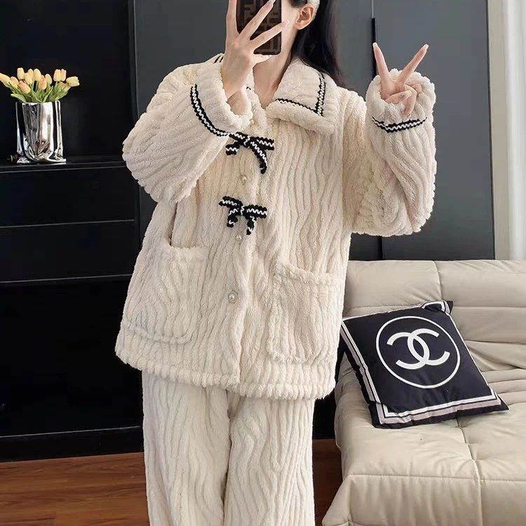 甜美蝴蝶结睡衣套装2025秋冬女士珊瑚绒加厚保暖居家服公主两件套