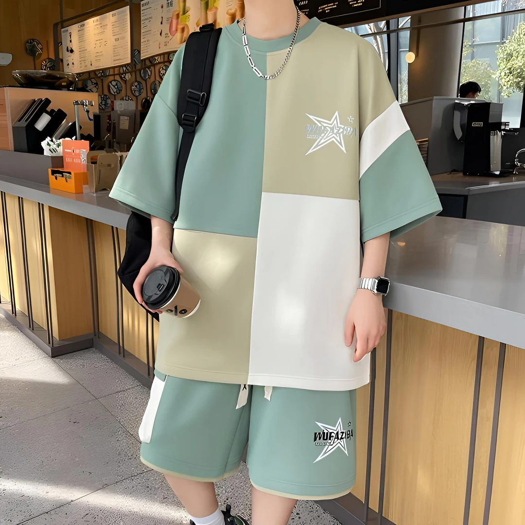 2025新款夏季潮流休闲短袖套装男宽松撞色拼接印花直筒港风五分裤