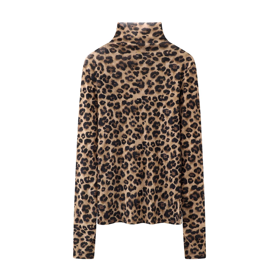 现货2025冬季新款女时尚百搭修身高领豹纹长袖打底衫内搭