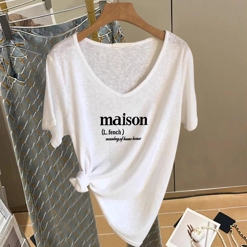 2025夏季新款雪花棉短袖印花吸汗V领T恤显瘦半袖学院风朋克风打底