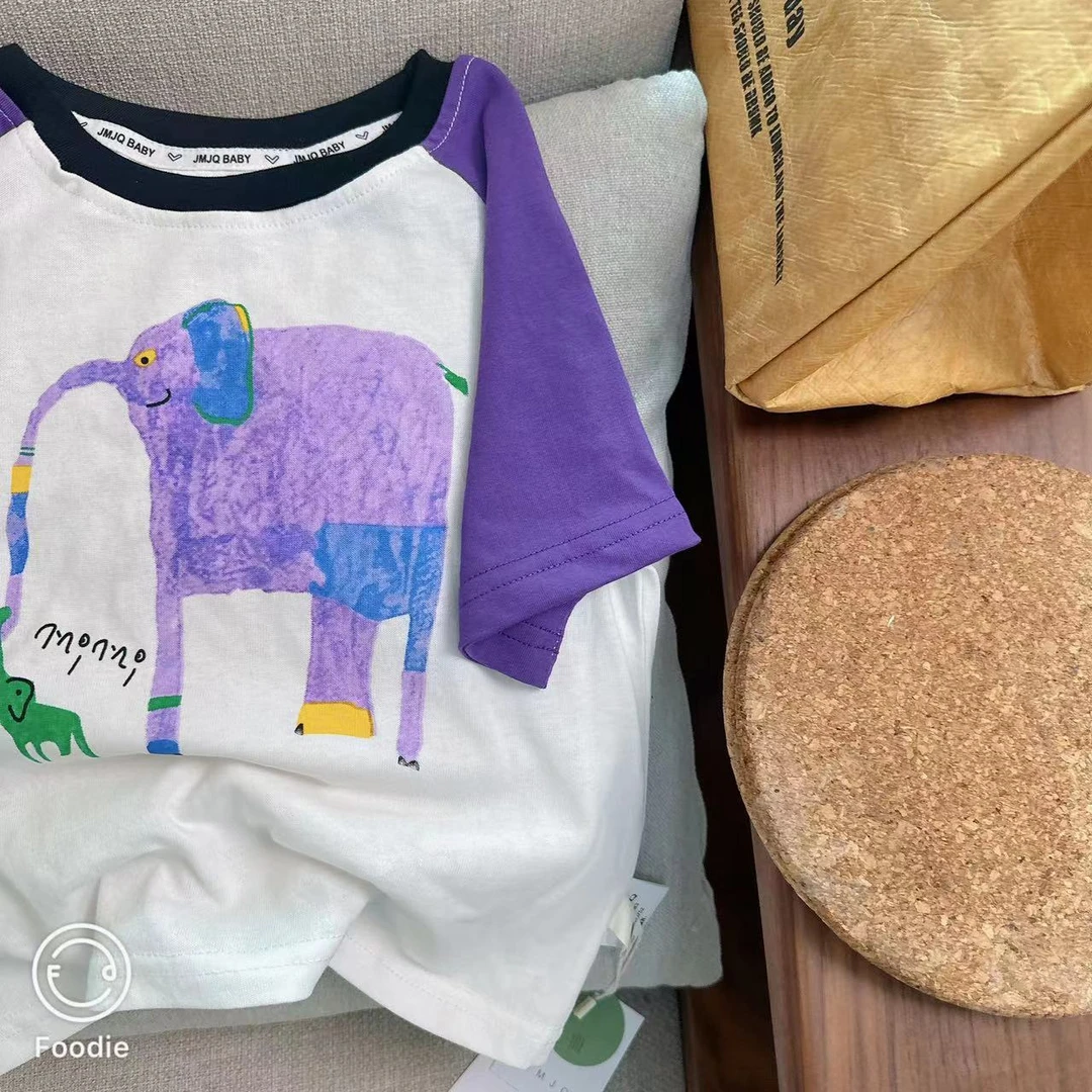 【JMJQ 20283】夏季儿童趣味短袖手绘小象撞色插肩袖上衣短袖