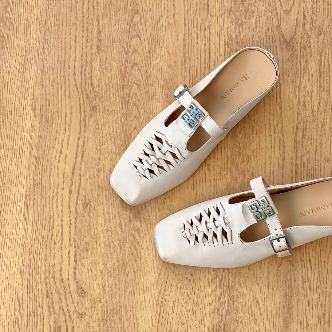 HUSSLOVE 头层牛皮·跟高5.5CM·日常百搭镂空银色扣件一脚蹬鞋女