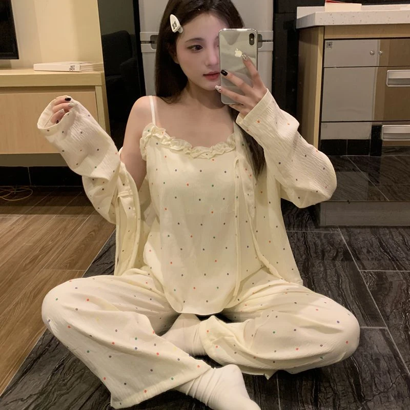 春秋季云朵棉睡衣女带胸垫长袖吊带三件套甜美纯欲风家居服 2558