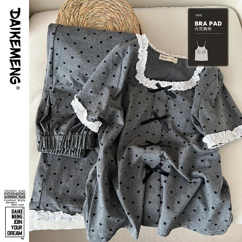 【带胸垫】新款夏季凉感甜美蕾丝波点短袖长裤时尚休闲夏天睡衣套装