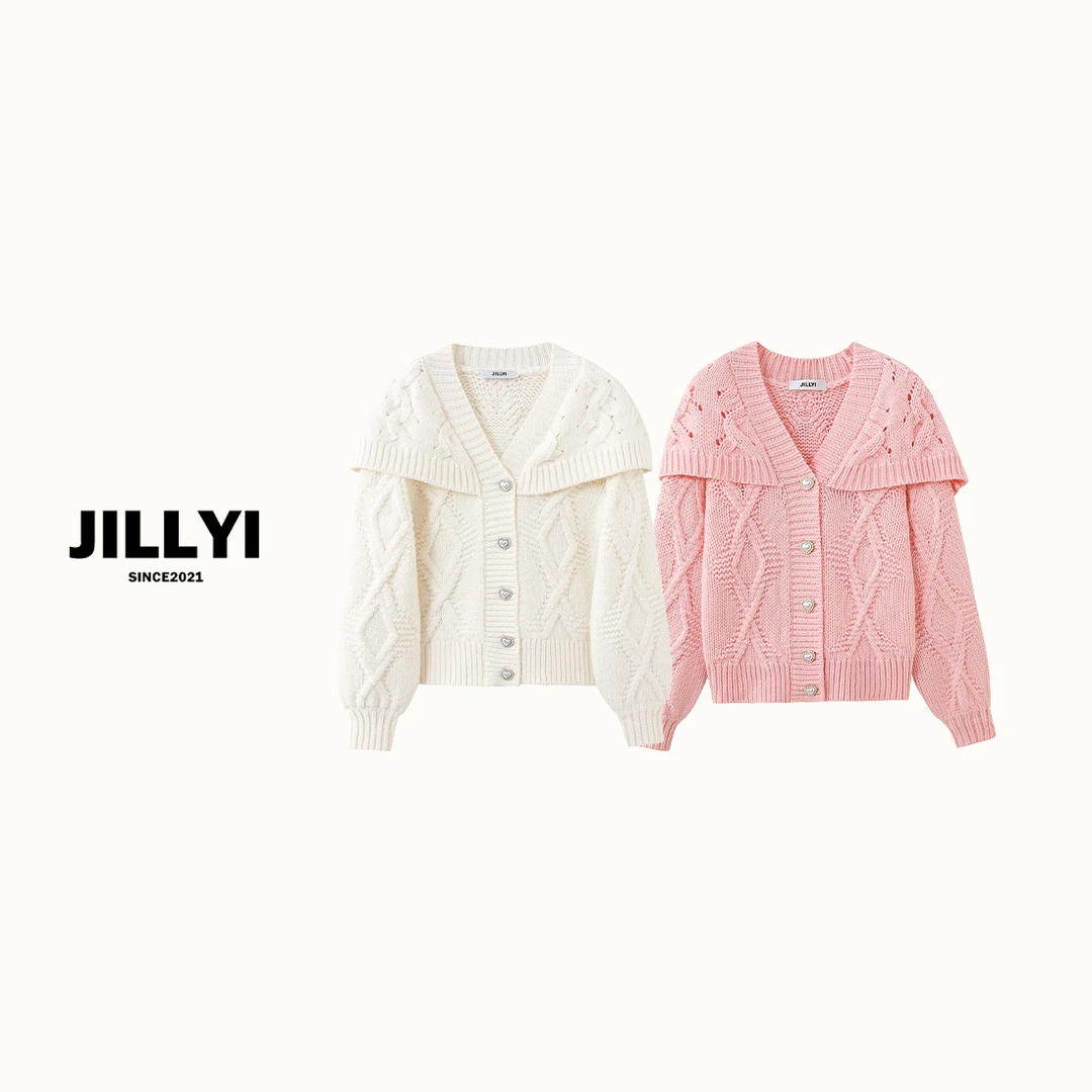 jillyi【冬季恋歌】两色洋气时尚镂空披肩领爱心扣纯色百搭针织开衫