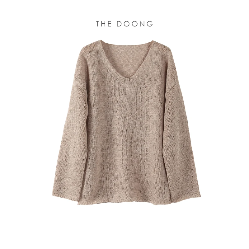 纯色V领春款长袖休闲针织衫女