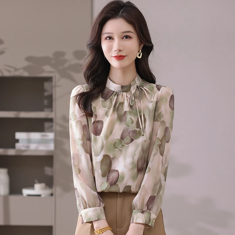 设计感春秋桑蚕丝印花衬衫女士立领套头长袖衬衣时尚洋气妈妈上衣