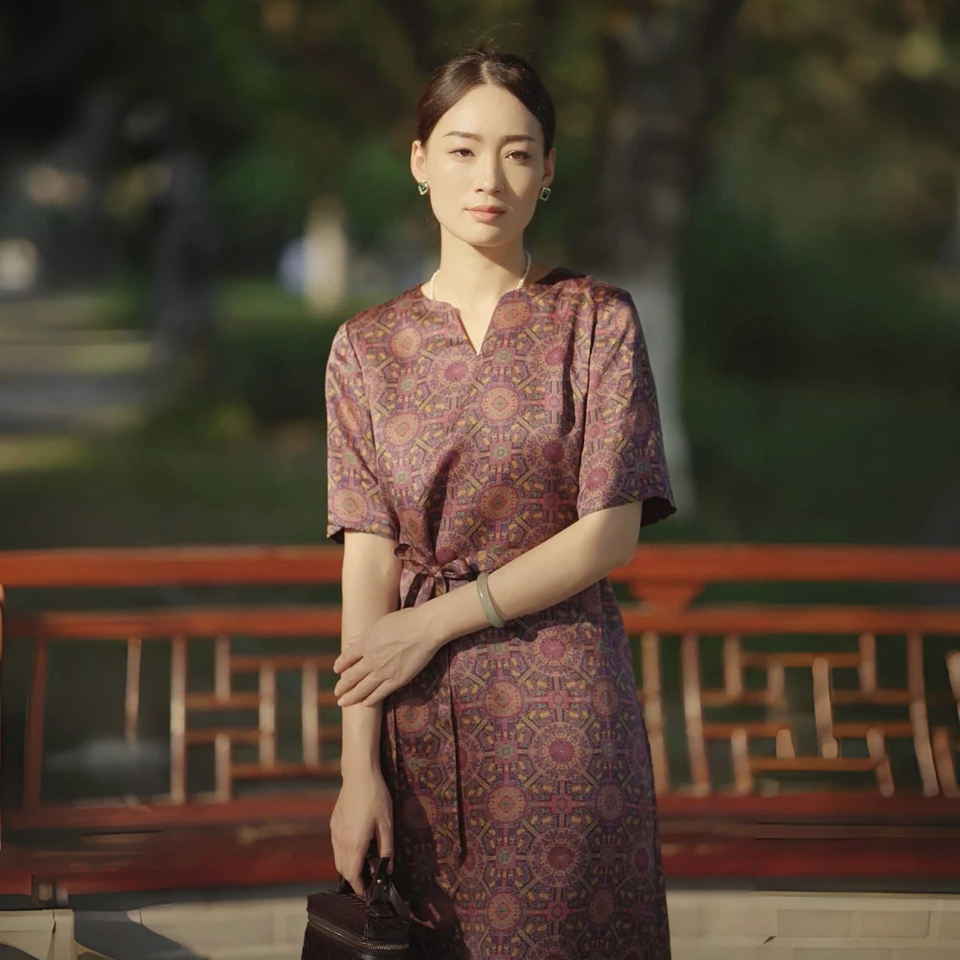 漾姿夏季新款优雅款30姆米花萝香云纱桑蚕丝连衣裙 YZX255-25994