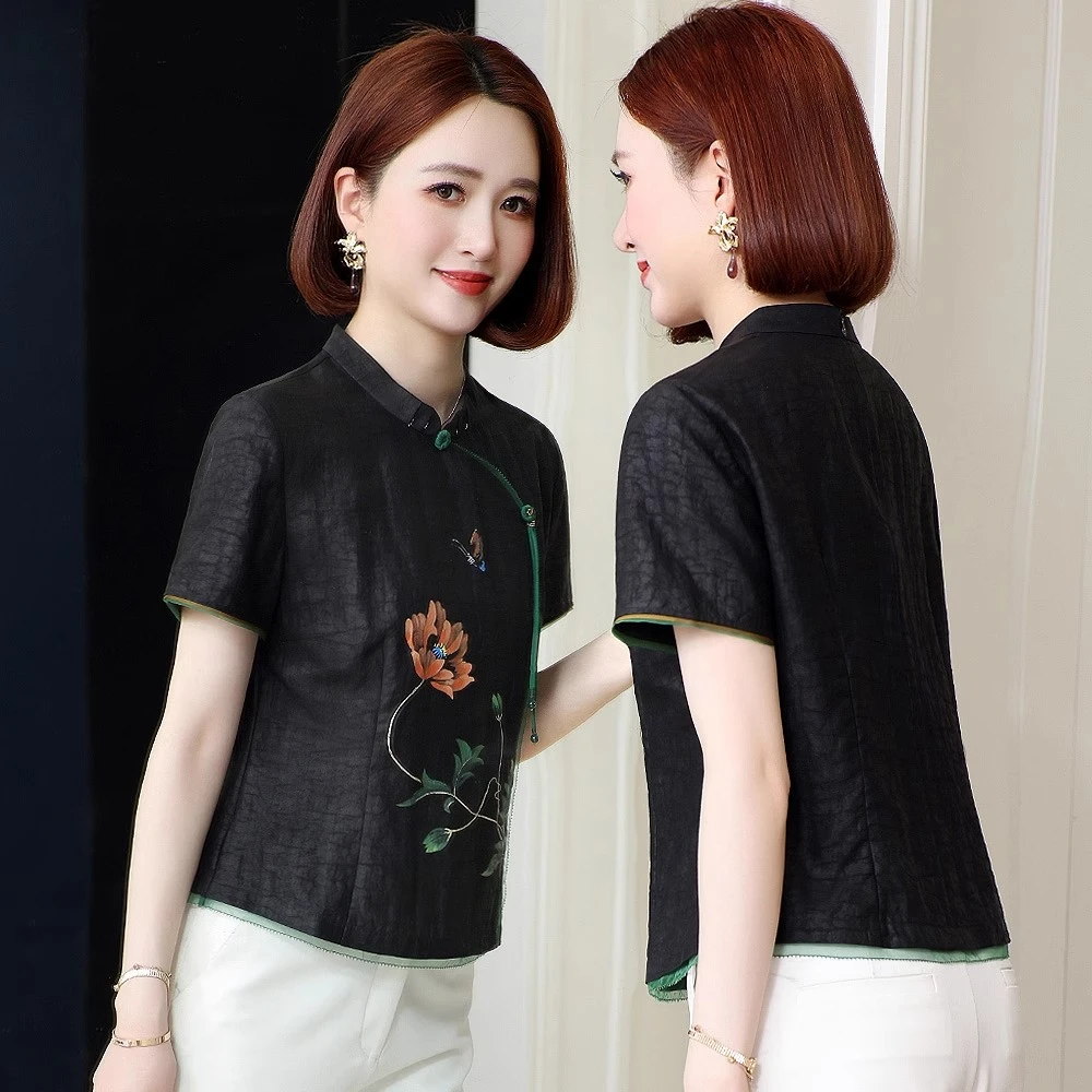 桑蚕丝妈妈装上衣新款真丝香云纱上衣女中老年阔太新中式小衫气质