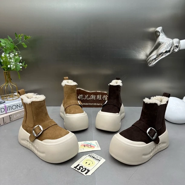 MANGNIER/欧货磨砂真皮厚底娃娃大头松糕短靴皮带扣一脚蹬加绒款