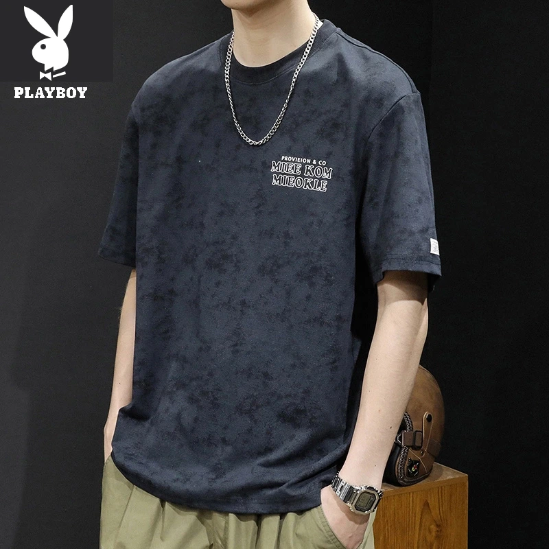 花花公子2025新款短袖T恤男士宽松大码夏季潮牌薄款纯棉重磅T恤衫
