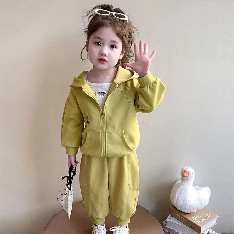 女童休闲套装2025新款洋气宝宝韩版连帽开衫两件套儿童时髦运动装