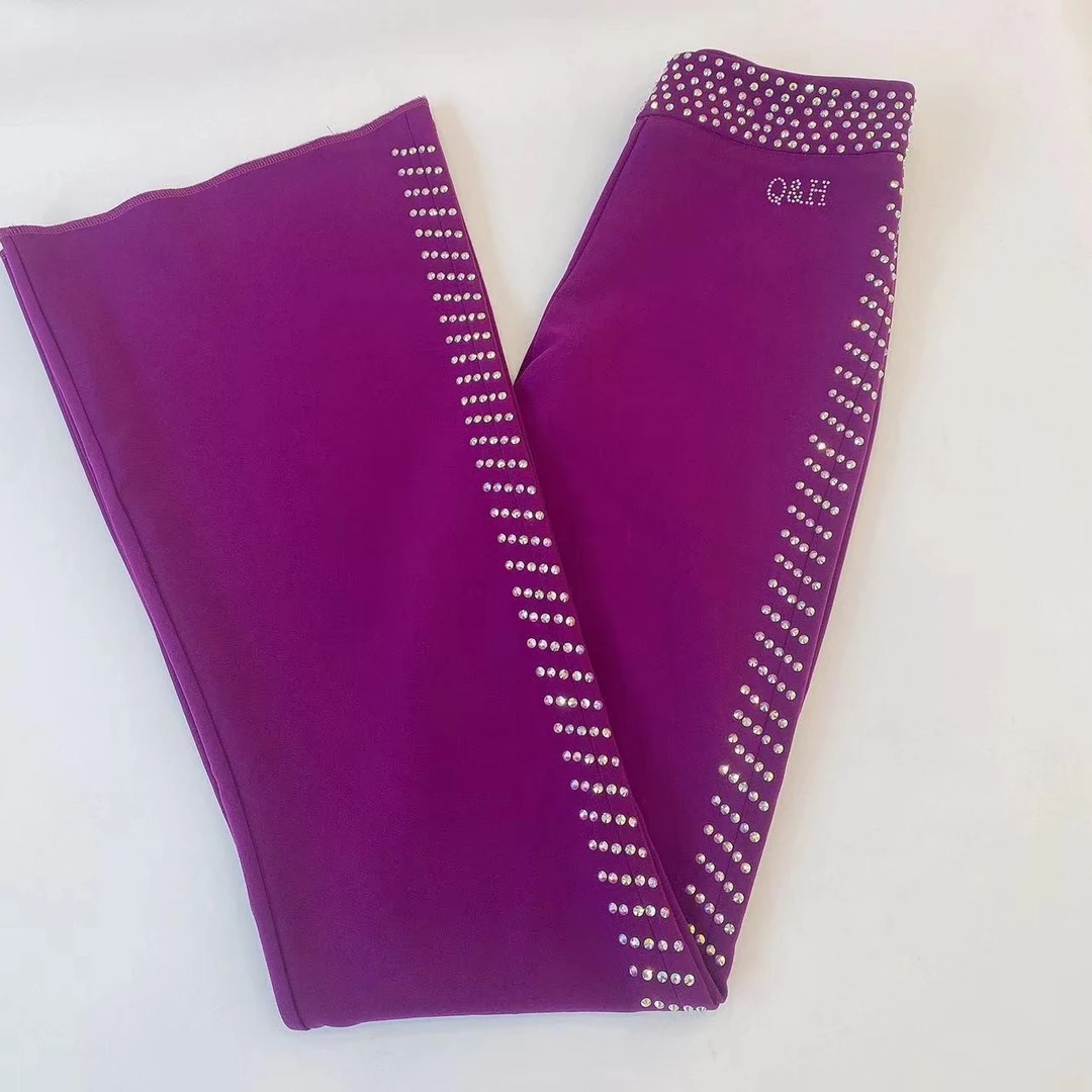 七海舞服新款原创设计女式秋款微喇烫钻三步踩水兵表演玫红色长裤