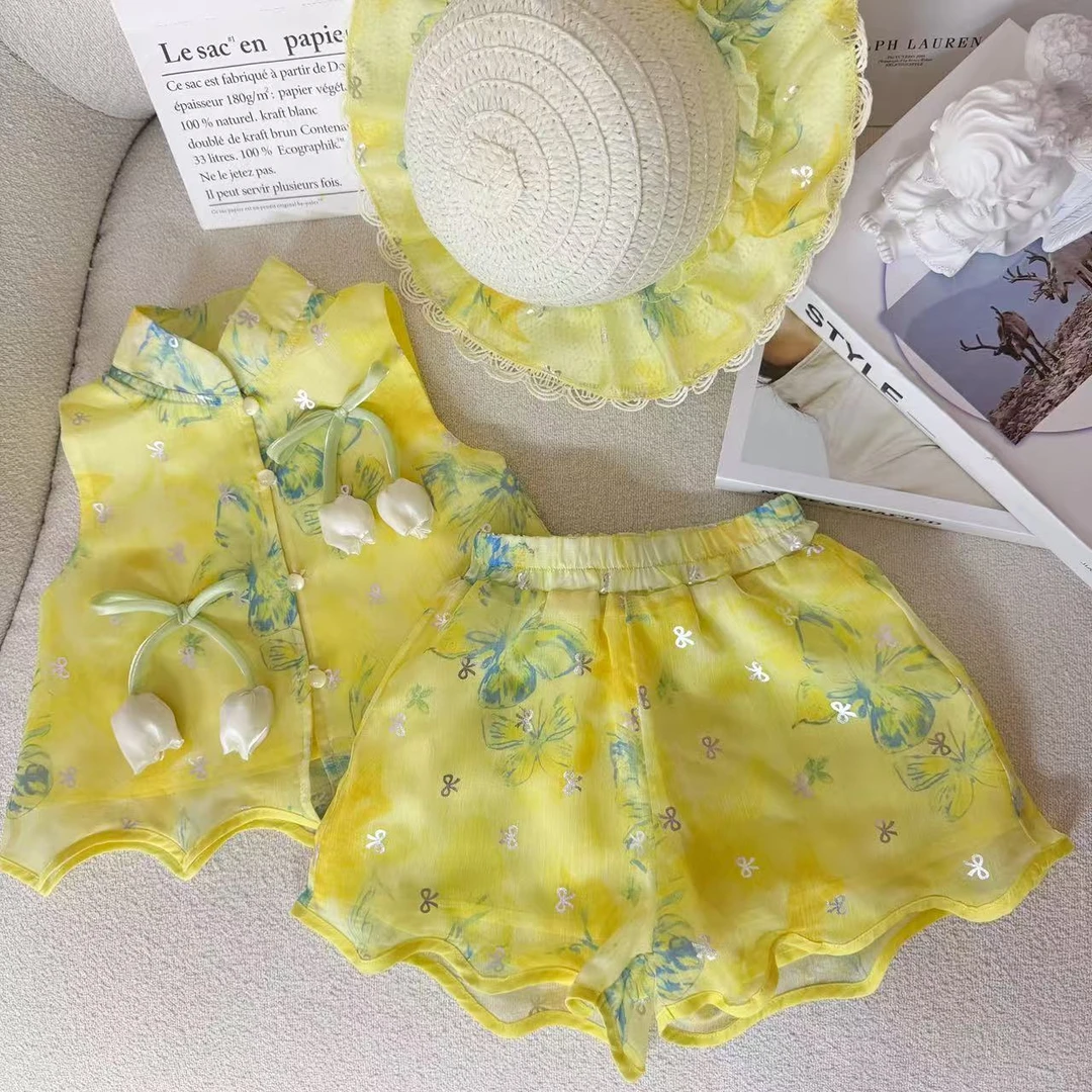 复古中国风女童套装夏装2025夏季新款薄款透气小童儿童短袖短裤